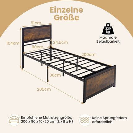 Bed frame 90 x 200 cm Industrial bed frame with headboard & slatted frame