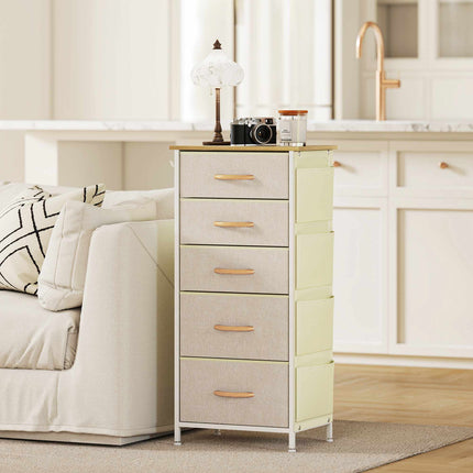 Bedroom Dresser with 5 Fabric Drawers, Steel Frame, Beige