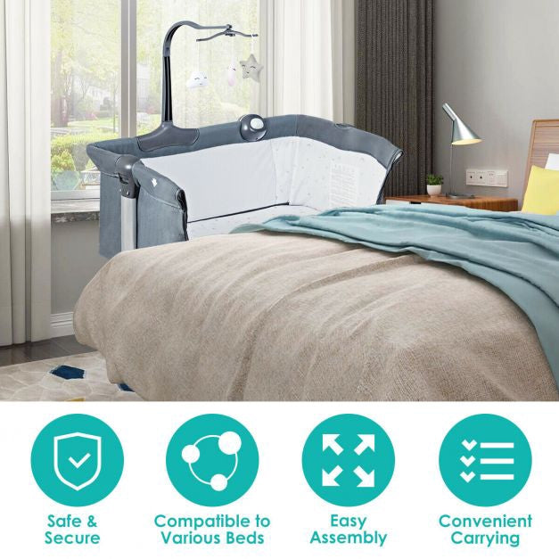 Bedside Bassinet, Foldable, Adjustable Height, Toys, Dark Grey