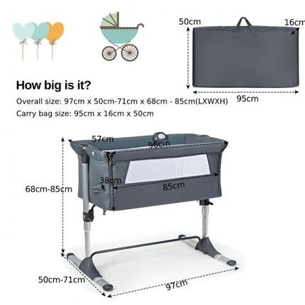 Bedside Bassinet, Foldable, Adjustable Height, Toys, Dark Grey