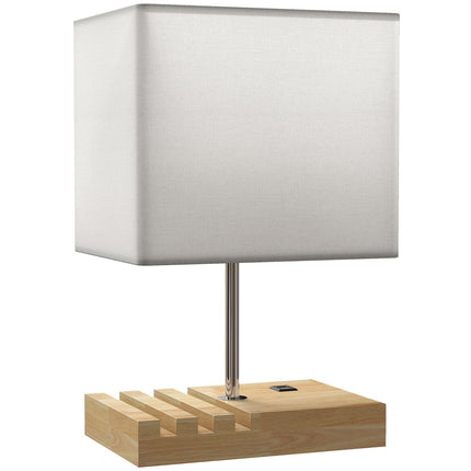 Bedside Lamp with USB Ports, Wood and Fabric, White