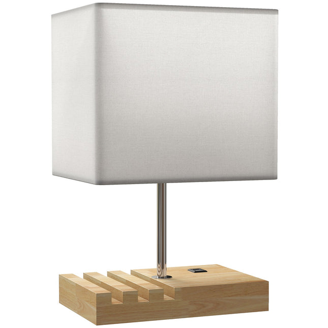 Bedside Lamp with USB Ports, Wood and Fabric, White