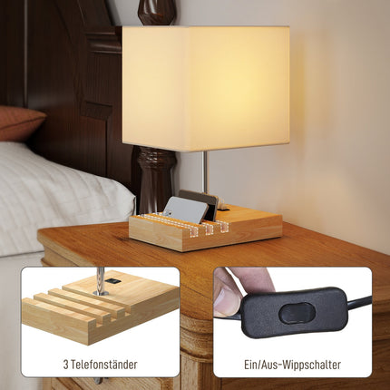 Bedside Lamp with USB Ports, Wood and Fabric, White