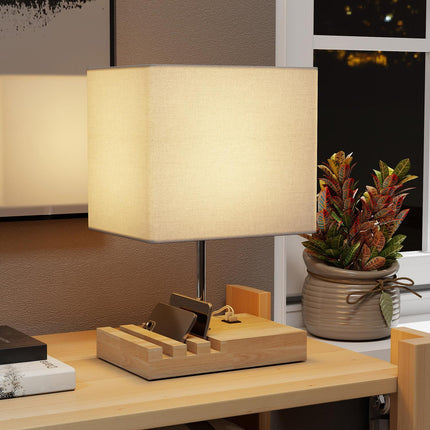 Bedside Lamp with USB Ports, Wood and Fabric, White
