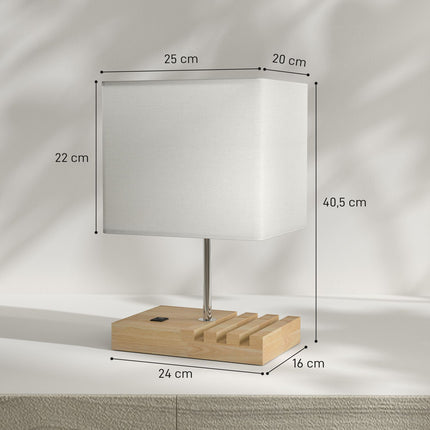 Bedside Lamp with USB Ports, Wood and Fabric, White