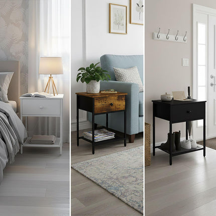 Bedside Table Set, 2-Piece with Drawer & Shelf