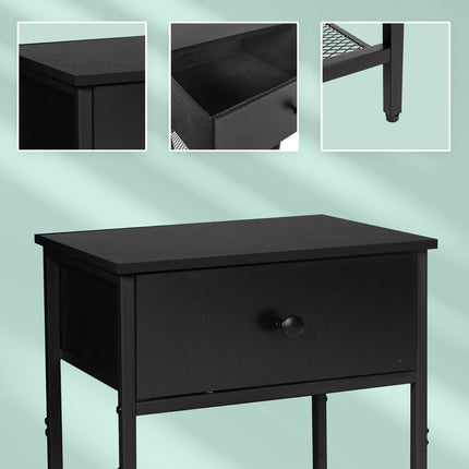 Bedside Table Set, 2-Piece with Drawer & Shelf