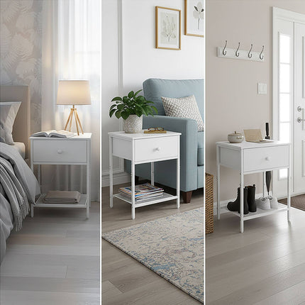Bedside Table Set, 2-Piece with Drawer & Shelf