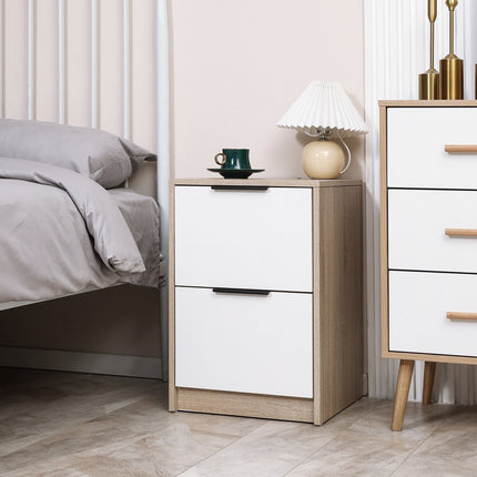 Bedside table in white & natural wood - 2 drawers, 40x40x60 Cm