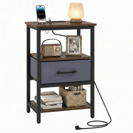 Bedside Table With Charging Station, Drawer, Shelves 40x30x61 cm