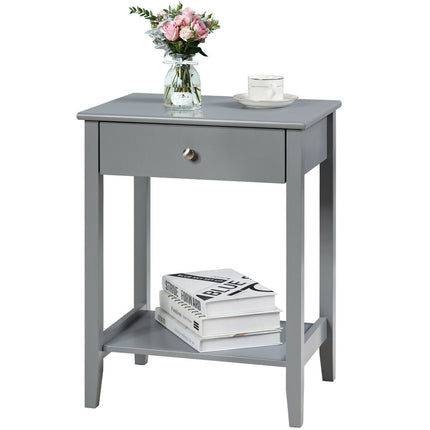 Bedside Table With Drawer and Shelf, Gray MDF