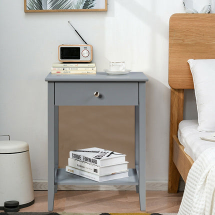 Bedside Table With Drawer and Shelf, Gray MDF