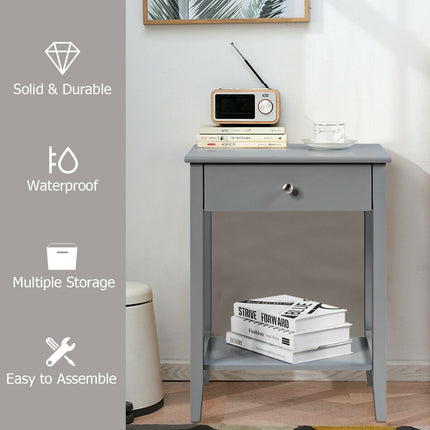 Bedside Table With Drawer and Shelf, Gray MDF