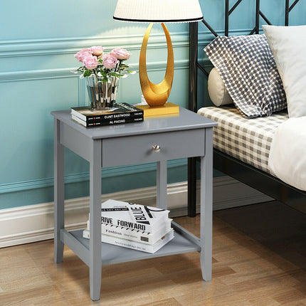 Bedside Table With Drawer and Shelf, Gray MDF