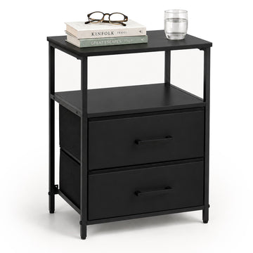 Bedside Table with 2 Fabric Drawers & Shelves, MDF & Metal