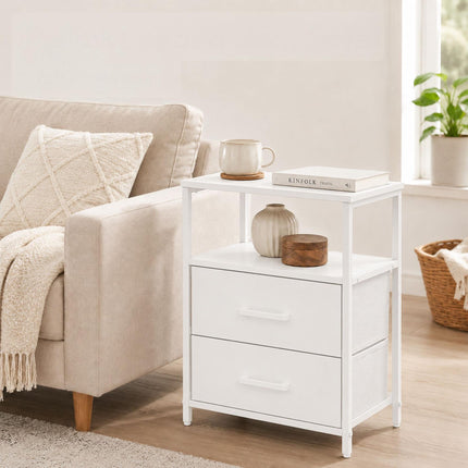 Bedside Table with 2 Fabric Drawers & Shelves, MDF/Metal