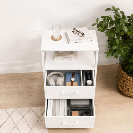 Bedside Table with 2 Fabric Drawers and Shelves, MDF & Metal