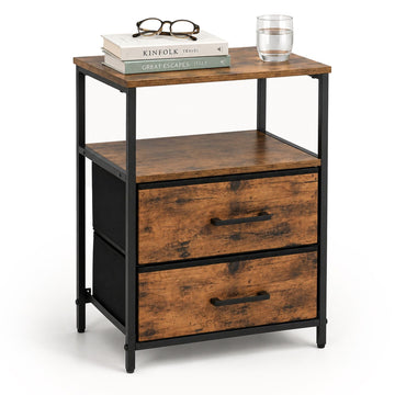 Bedside Table with 2 Fabric Drawers and Shelves, MDF/Metal