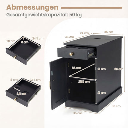 Bedside Table with Charging Station, Adjustable Shelf, Black