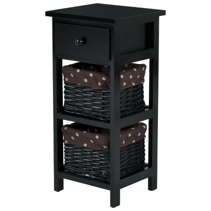 Bedside Table with Drawer, Rattan Baskets, 28x26x60 cm