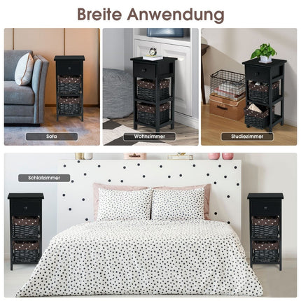 Bedside Table with Drawer, Rattan Baskets, 28x26x60 cm