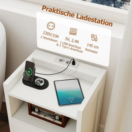 Bedside Table with LED Lights & Charging Station, 2 Drawers