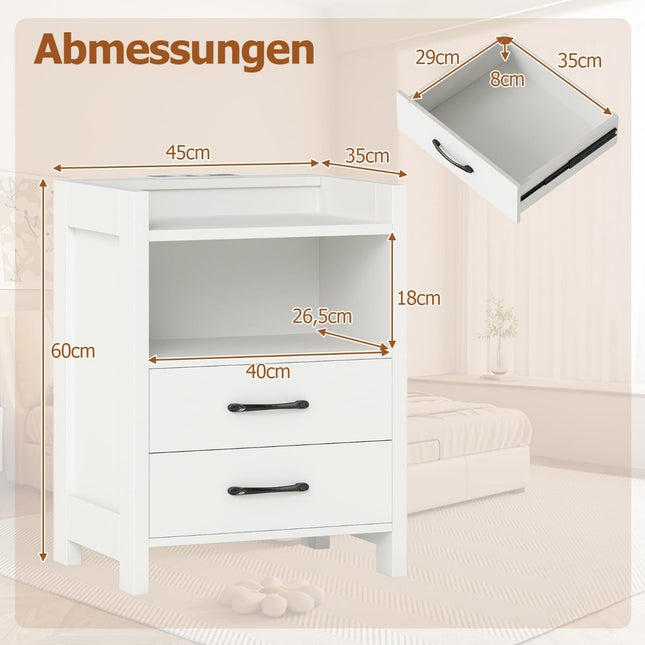 Bedside Table with LED Lights & Charging Station, 2 Drawers