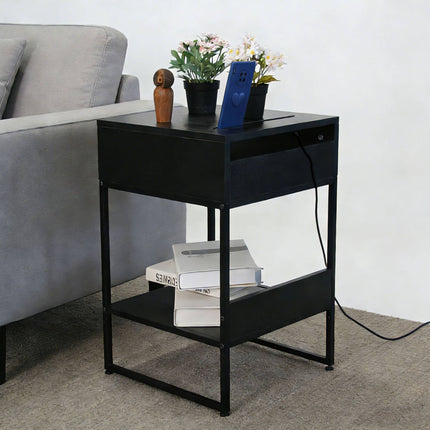 Bedside Table with Phone Holder, 2 Shelves, Dark Brown