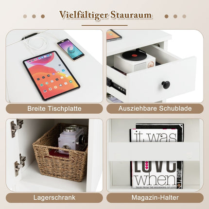 Bedside Table with USB Ports, Outlets, Magazine Rack