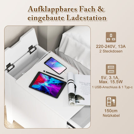 Bedside Table with USB Ports, Outlets, Magazine Rack