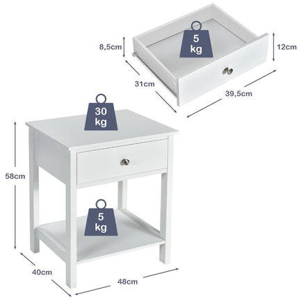 Bedside table 2-tier night dresser modern nightstand with drawer white