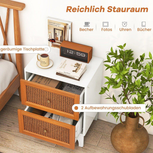 Bedside table rattan bedside cabinet with 2 drawers side table with solid wood legs 46 x 33 x 59.5 cm white + brown