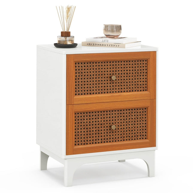 Bedside table rattan bedside cabinet with 2 drawers side table with solid wood legs 46 x 33 x 59.5 cm white + brown