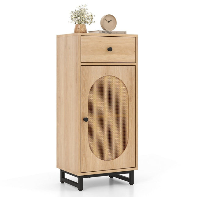 Bedside table rattan with door & drawer Boho side table with adjustable shelf 40 x 30 x 91cm natural