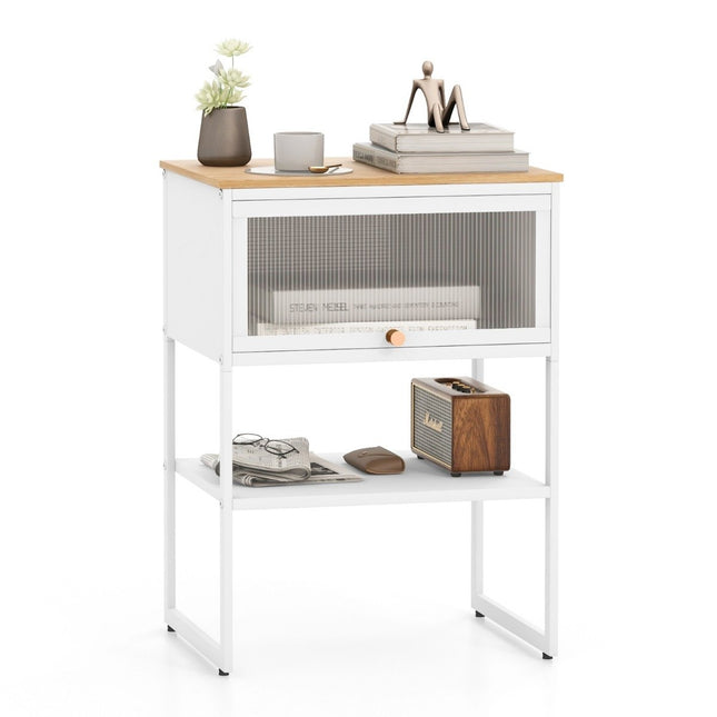 Bedside table side table wooden nightstand with metal frame & shelf & transparent door 40 x 32 x 56 cm white