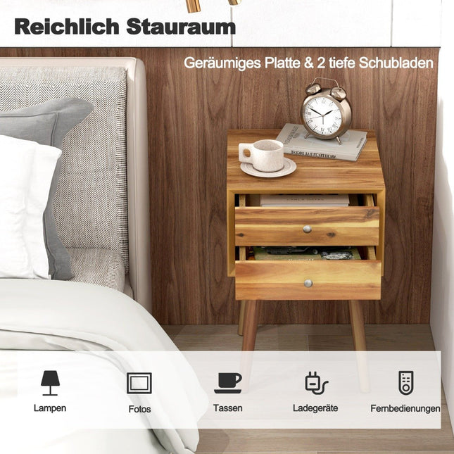 Bedside table with 2 drawers Compact wooden coffee table 40 x 40 x 59.5 cm natural