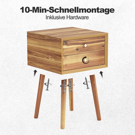 Bedside table with 2 drawers Compact wooden coffee table 40 x 40 x 59.5 cm natural