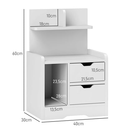 White bedside table, 2 drawers & open shelf, 40x30x60 cm