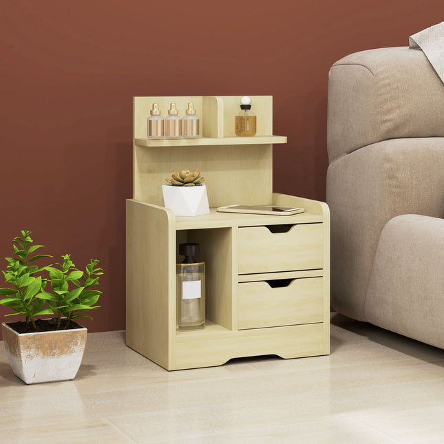 Bedside table in natural wood - 2 drawers, open shelf, 40x30x60 cm