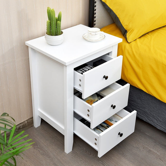 Bedside table with 3 drawers, large storage space and stable structure, bedside table, white