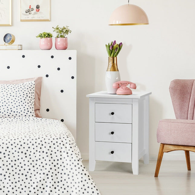 Bedside table with 3 drawers, large storage space and stable structure, bedside table, white