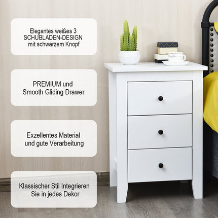 Bedside table with 3 drawers, large storage space and stable structure, bedside table, white
