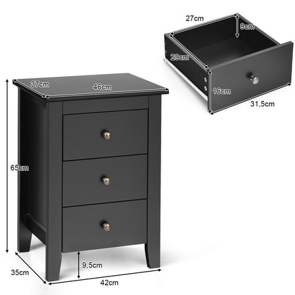 Bedside table with 3 drawers nightstand for box spring bed 46 x 37 x 65 cm black