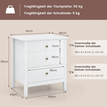 Bedside table with 3 drawers nightstand for box spring bed 56 x 45 x 66 cm white