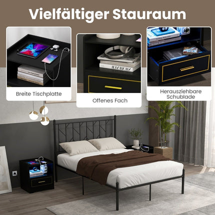 Bedside table with LED light, USB port and Type-C charging station, nightstand with motion sensor, black