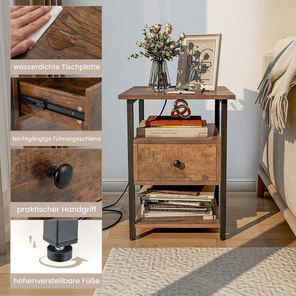 Bedside table with charging station & drawer Nightstand with open shelves 40 x 40 x 55 cm Rustic brown