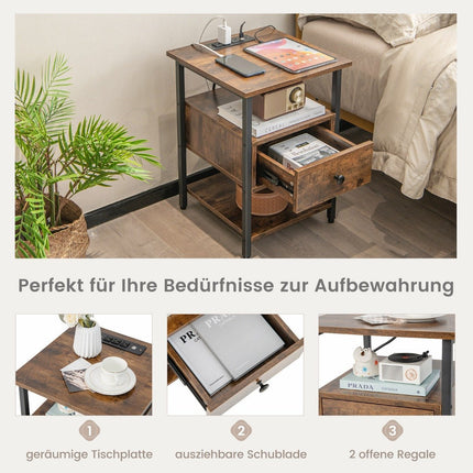 Bedside table with charging station & drawer Nightstand with open shelves 40 x 40 x 55 cm Rustic brown