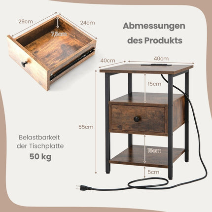 Bedside table with charging station & drawer Nightstand with open shelves 40 x 40 x 55 cm Rustic brown