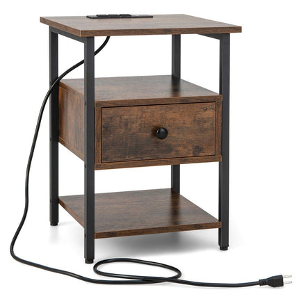 Bedside table with charging station & drawer Nightstand with open shelves 40 x 40 x 55 cm Rustic brown