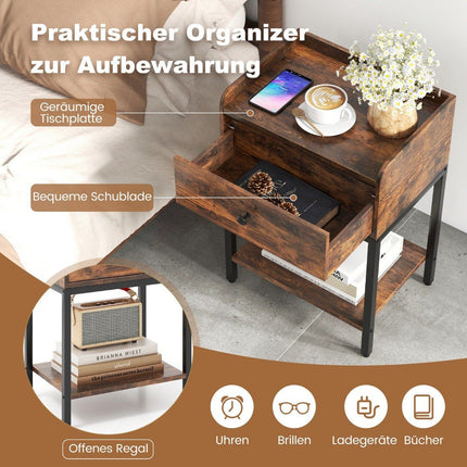 Bedside table with drawer Side table with open shelf 42 x 30 x 60 cm Rustic brown